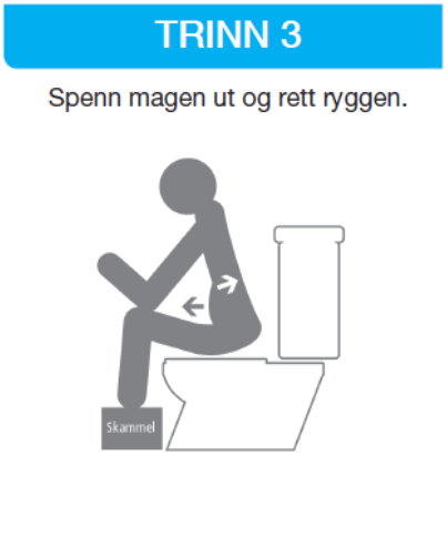 Illustrasjon av korrekt sittemåte på toalettet med med en stilisert person som har fotene på en skammel så knærne kommer høyt opp og piler som viser hvordan du skal lene deg. Tekst: Trinn 3 - Spenn magen ut og rett ryggen